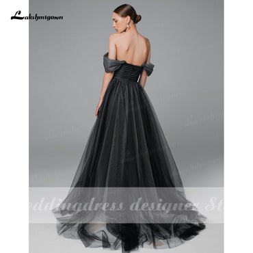 Simple Black Ombre Wedding Dress Boho Off Shoulder Mesh Tulle Sheer Gothic Grey Bridal Gown Plus Size vestido de noiva praiano - ROYCEBRIDAL OFFICIAL STORE