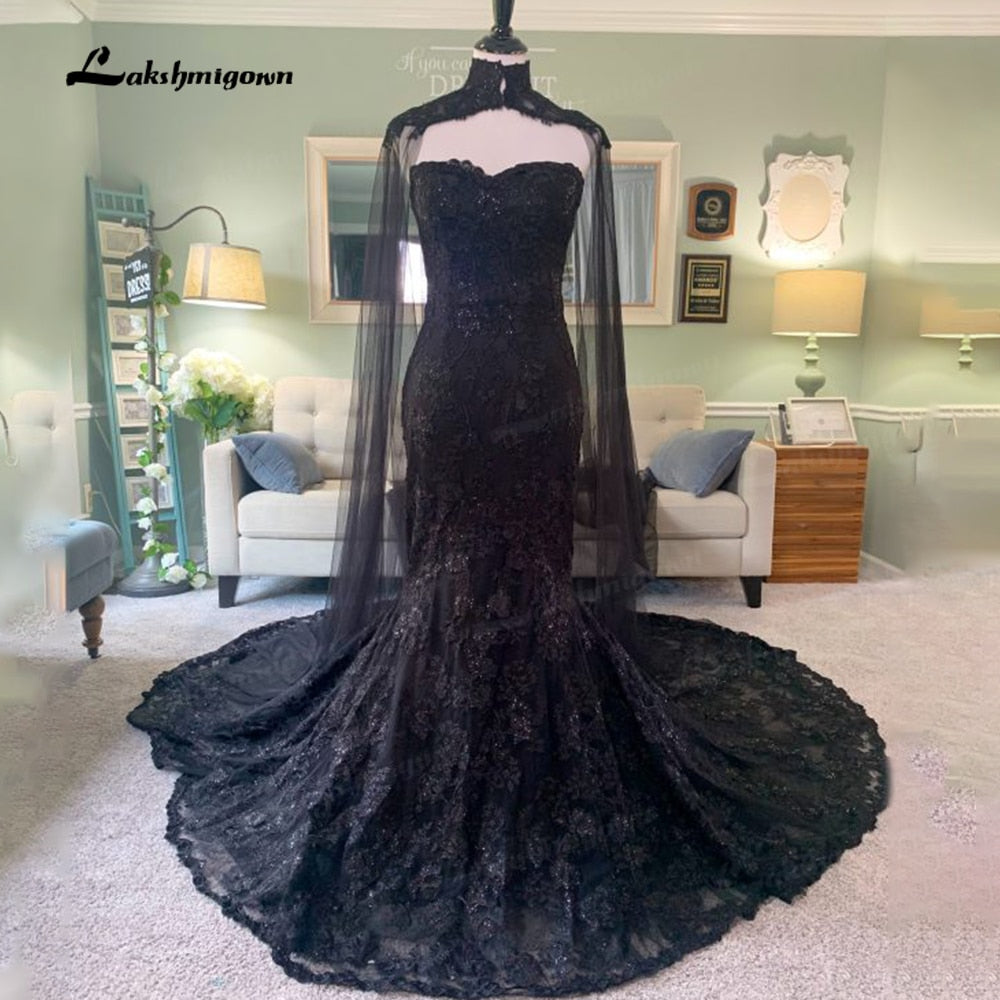 2022 Elegant Gothic Wedding Dresses with Cape Veil Black Strapless Bridal Gowns with Sequins Floral Lace robe mariage femme - ROYCEBRIDAL OFFICIAL STORE