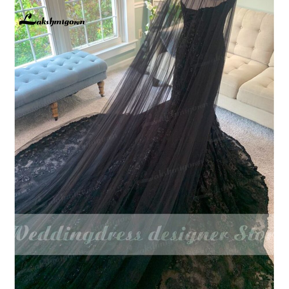 2022 Elegant Gothic Wedding Dresses with Cape Veil Black Strapless Bridal Gowns with Sequins Floral Lace robe mariage femme - ROYCEBRIDAL OFFICIAL STORE