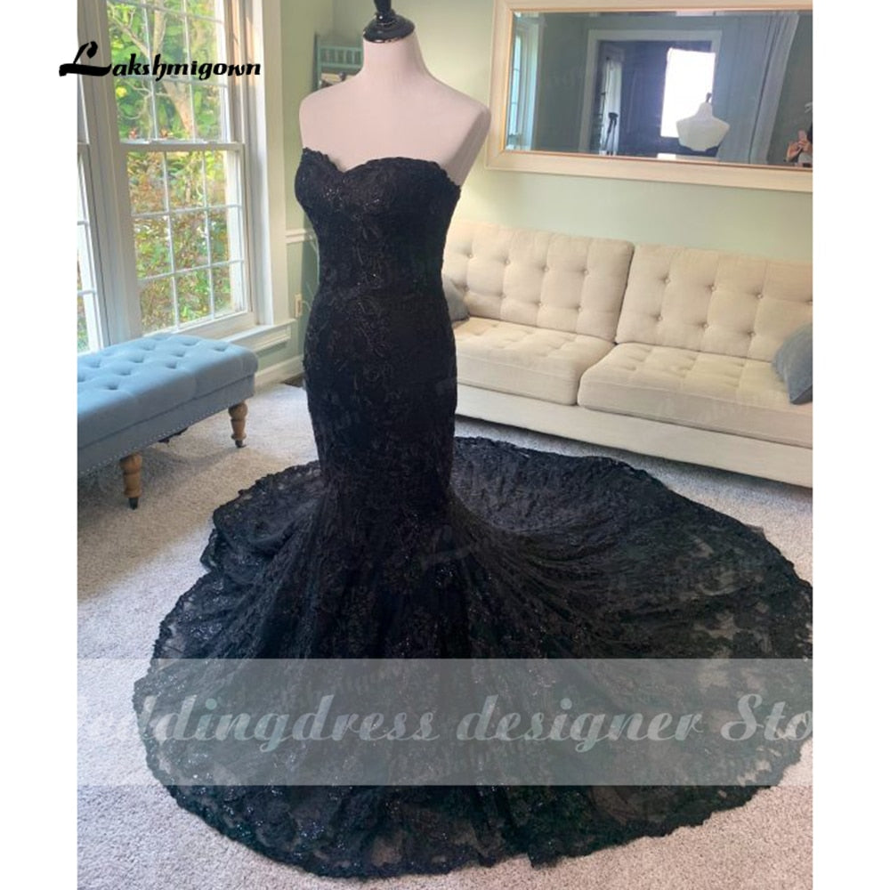 2022 Elegant Gothic Wedding Dresses with Cape Veil Black Strapless Bridal Gowns with Sequins Floral Lace robe mariage femme - ROYCEBRIDAL OFFICIAL STORE