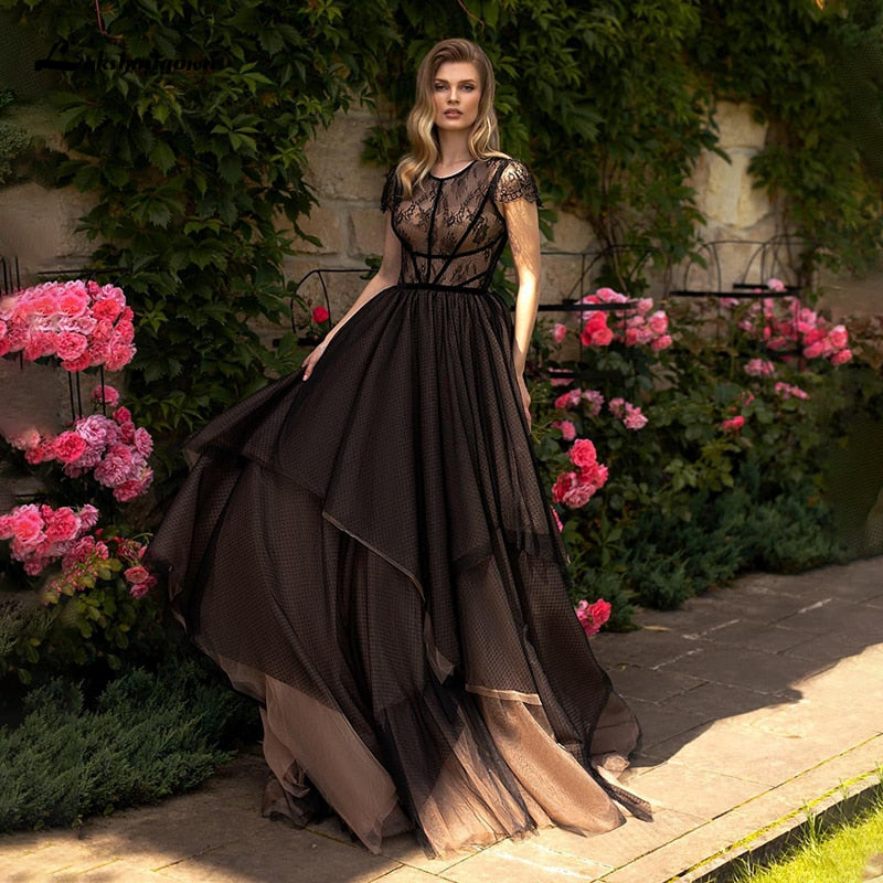 Lakshmigown Black Wedding Dresses 2021 Short Sleeve Elegant A-line Tulle Bridal Dress Lace Gothic Wedding Gowns robe de mariee - ROYCEBRIDAL OFFICIAL STORE