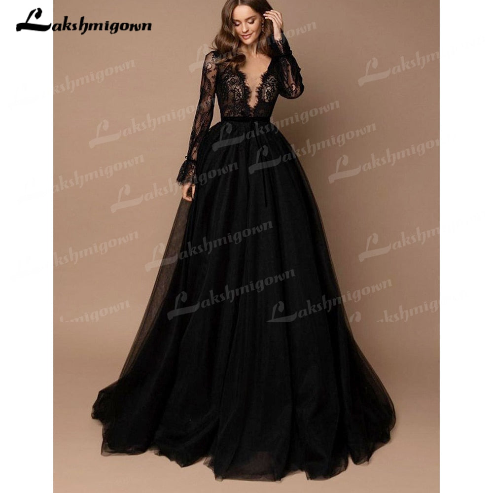 Sexy Deep V neck Sweep Train Tulle Lace Black Wedding Dress Long Sleeve With Appliques Vestidos De Novia Gothic Bride Design - ROYCEBRIDAL OFFICIAL STORE