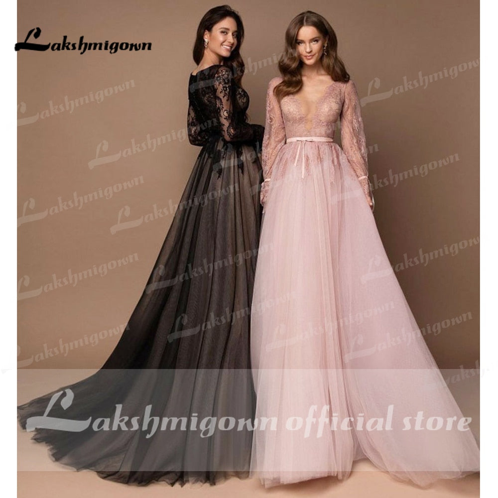 Sexy Deep V neck Sweep Train Tulle Lace Black Wedding Dress Long Sleeve With Appliques Vestidos De Novia Gothic Bride Design - ROYCEBRIDAL OFFICIAL STORE