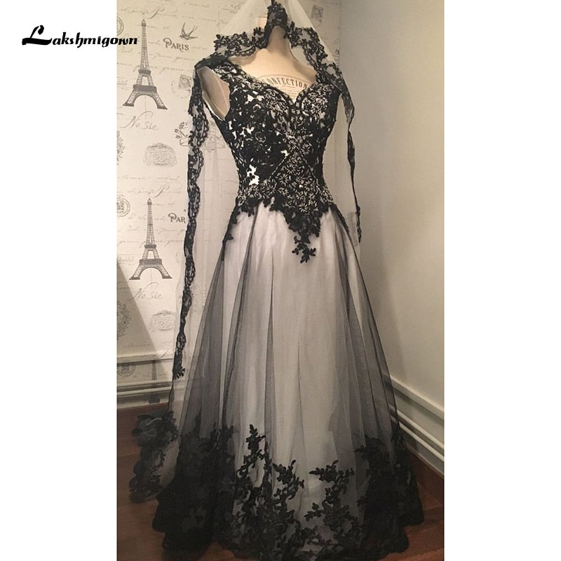 Lakshmigown Gothic Wedding Dress Lace Appliques vestido de noiva Black A Line Wedding Dresses V Neck Sleeveless Wedding Gowns - ROYCEBRIDAL OFFICIAL STORE