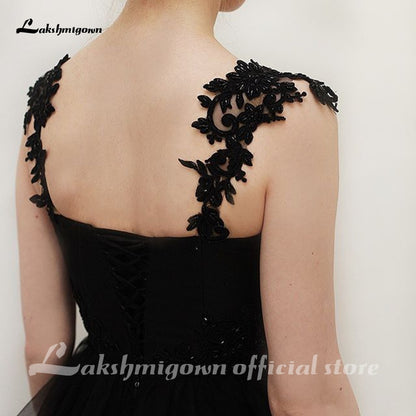 Lakshmigown Black Lace Gothic Wedding Dresses V Neck Appliques Beading Top Fancy Tulle Skirt A Line Vintage Bridal Gowns - ROYCEBRIDAL OFFICIAL STORE