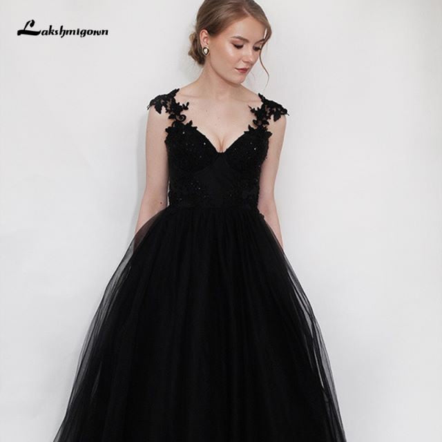 Lakshmigown Black Lace Gothic Wedding Dresses V Neck Appliques Beading Top Fancy Tulle Skirt A Line Vintage Bridal Gowns - ROYCEBRIDAL OFFICIAL STORE