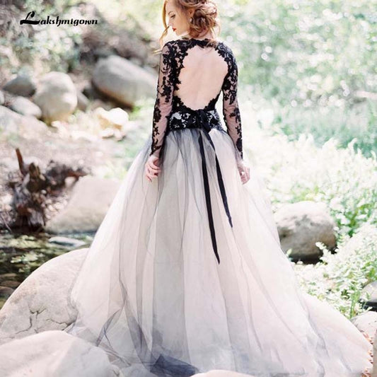 Black A line Wedding Dresses Backless Long Sleeves Vestidos de Noivas Bridal Suknia Robe De Mariee Gothic Bridal Gowns - ROYCEBRIDAL OFFICIAL STORE