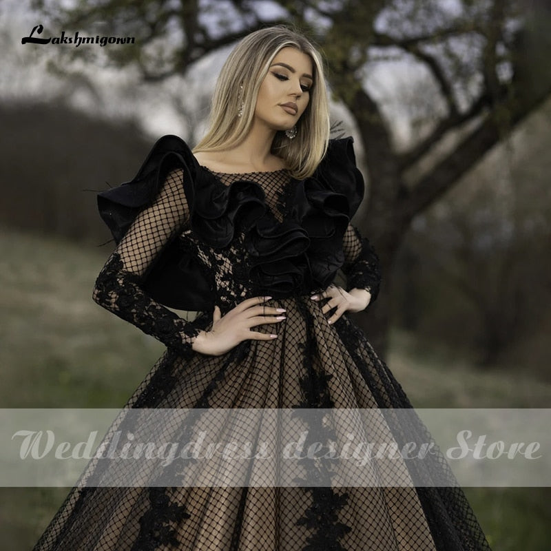 Lakshmigown Black A Line Wedding Dresses Robe Mariee Long Sleeves Court Train Tulle Gothic Bridal Gown vestido de novia - ROYCEBRIDAL OFFICIAL STORE