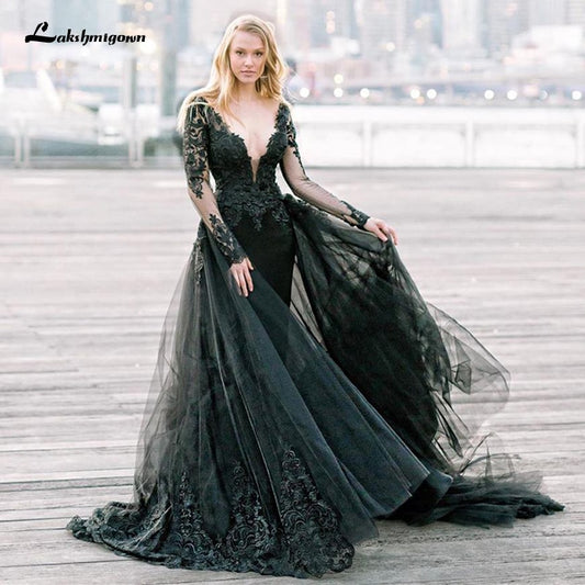 Gothic Design Black Wedding Dresses Long Sleeve Deep V Neck Appliqued Lace Tulle A Line Vintage Bridal Gowns Vestidos De Noiva - ROYCEBRIDAL OFFICIAL STORE