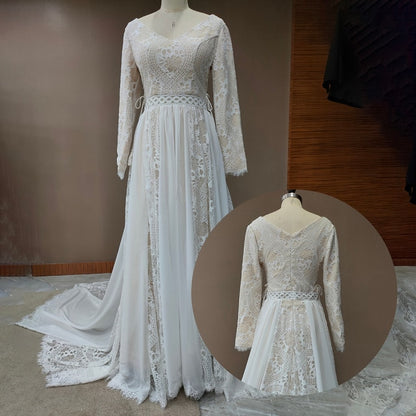 Roycebridal 2022 Beach Boho Elopement Photoshoot Wedding Dress V Neck Lace Chiffon A Line Seaside Long Sleeve Big Sizes Bridal Gown