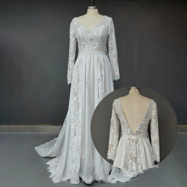 Roycebridal 2022 Beach Boho Elopement Photoshoot Wedding Dress V Neck Lace Chiffon A Line Seaside Long Sleeve Big Sizes Bridal Gown