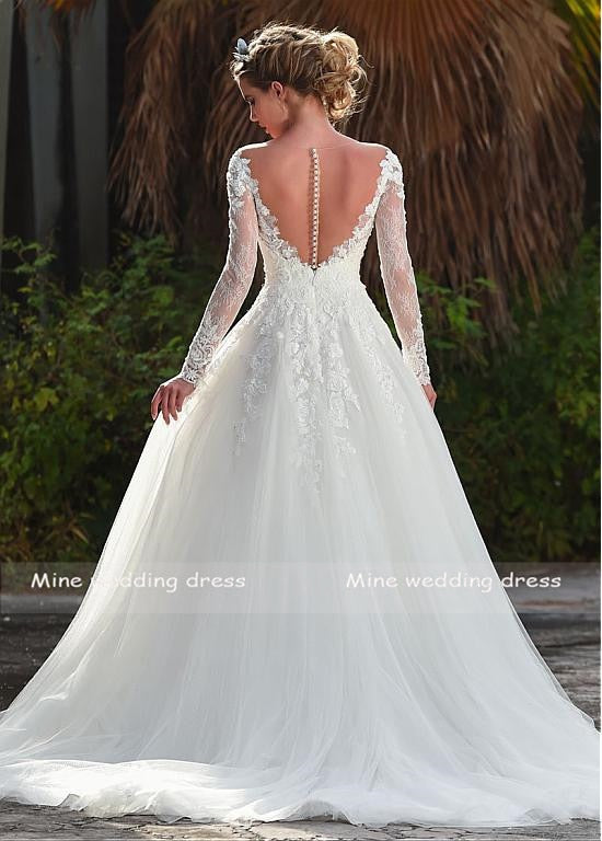 Roycebridal Long Sleeves Illusion Scoop Neckline Wedding Dress Vintage Tulle Lace Appliques Bridal Gown Vestido De Noiva