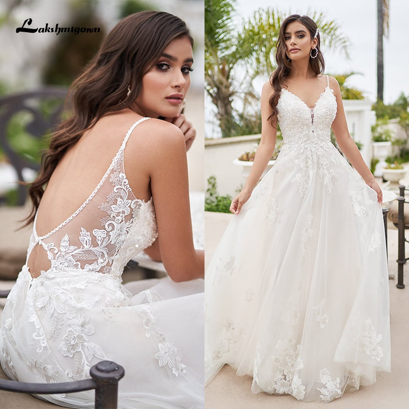 Vintage A-Line Beach Wedding Dress With Beaded Floral Lace Appliques Simply Spaghetti Straps Boho Bridal Gown robe de mariee - ROYCEBRIDAL OFFICIAL STORE