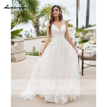 Vintage A-Line Beach Wedding Dress With Beaded Floral Lace Appliques Simply Spaghetti Straps Boho Bridal Gown robe de mariee - ROYCEBRIDAL OFFICIAL STORE