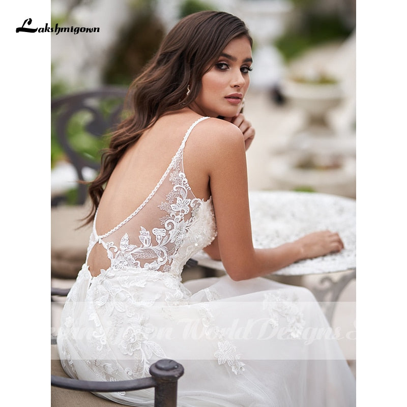 Vintage A-Line Beach Wedding Dress With Beaded Floral Lace Appliques Simply Spaghetti Straps Boho Bridal Gown robe de mariee - ROYCEBRIDAL OFFICIAL STORE