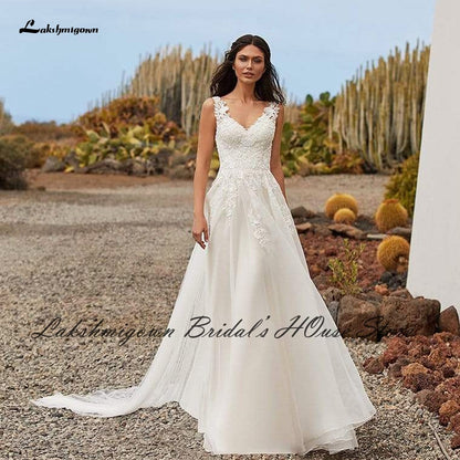 Lakshmigown Sexy Bridal Robe Boho Wedding Dresses 2022 Robe Mariage Lace Appliques Sheer Illusion V neck A Line Wedding Dresses - ROYCEBRIDAL OFFICIAL STORE