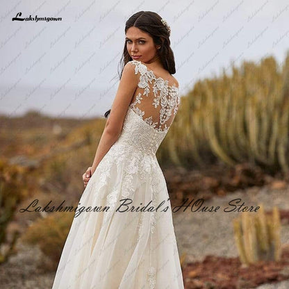 Lakshmigown Sexy Bridal Robe Boho Wedding Dresses 2022 Robe Mariage Lace Appliques Sheer Illusion V neck A Line Wedding Dresses - ROYCEBRIDAL OFFICIAL STORE