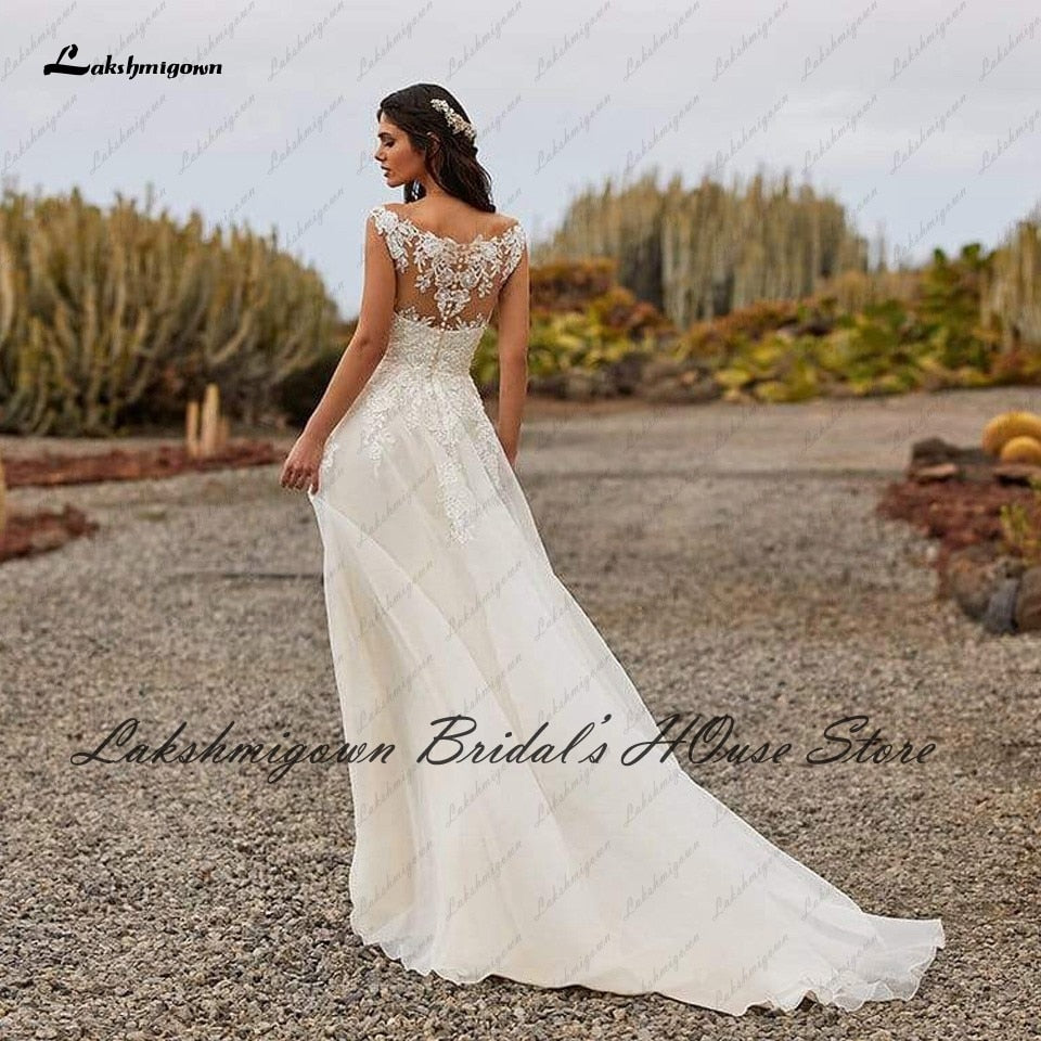 Lakshmigown Sexy Bridal Robe Boho Wedding Dresses 2022 Robe Mariage Lace Appliques Sheer Illusion V neck A Line Wedding Dresses - ROYCEBRIDAL OFFICIAL STORE