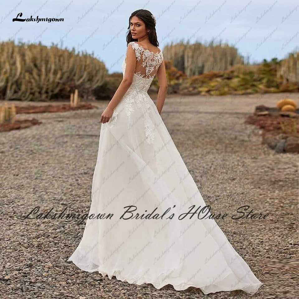 Lakshmigown Sexy Bridal Robe Boho Wedding Dresses 2022 Robe Mariage Lace Appliques Sheer Illusion V neck A Line Wedding Dresses - ROYCEBRIDAL OFFICIAL STORE