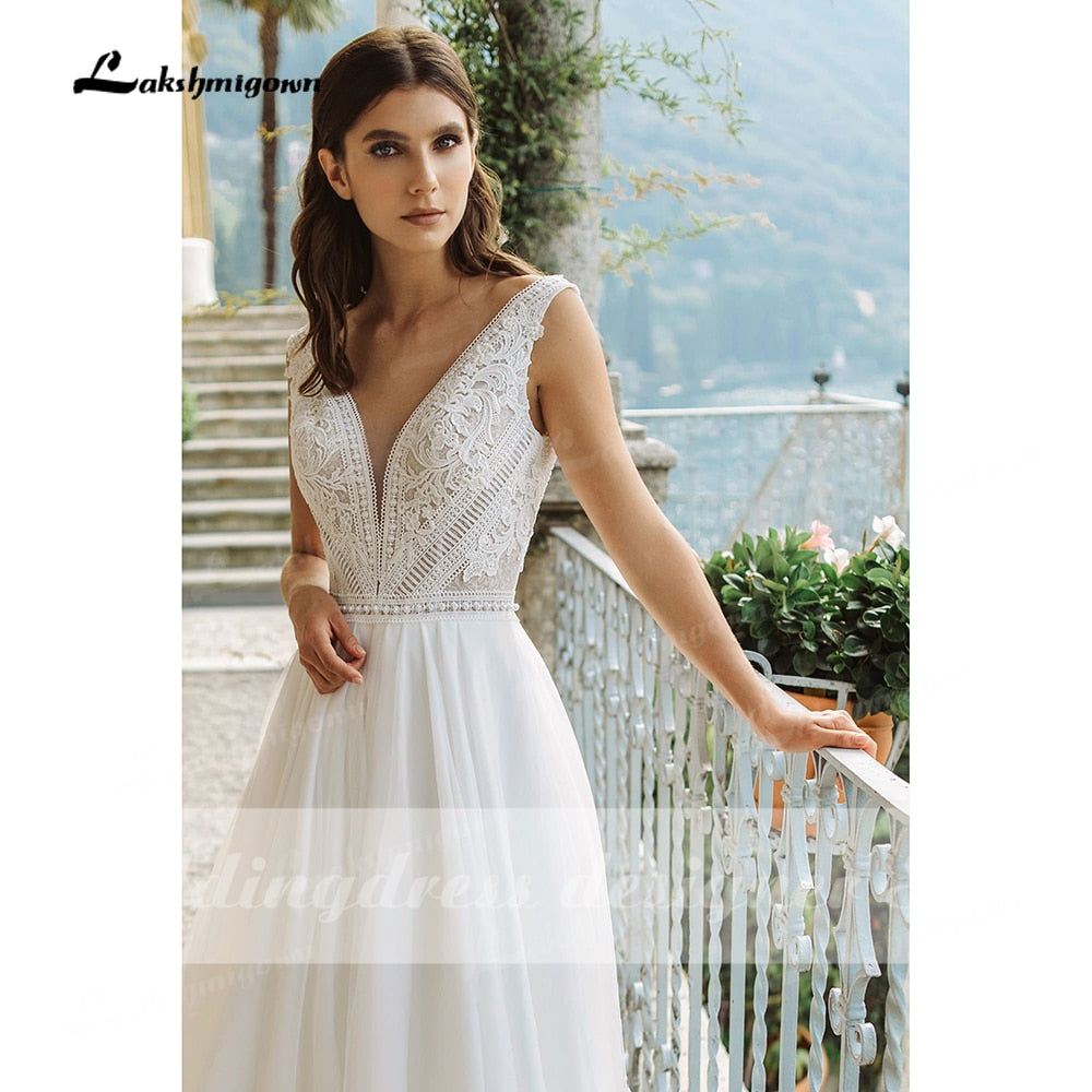 Behemia Boho Wedding Dresses V-Neck A-Line Vestido De Novia Vintage Lace Bridal Gowns Sweep Train White Long Robe De Mariée - ROYCEBRIDAL OFFICIAL STORE