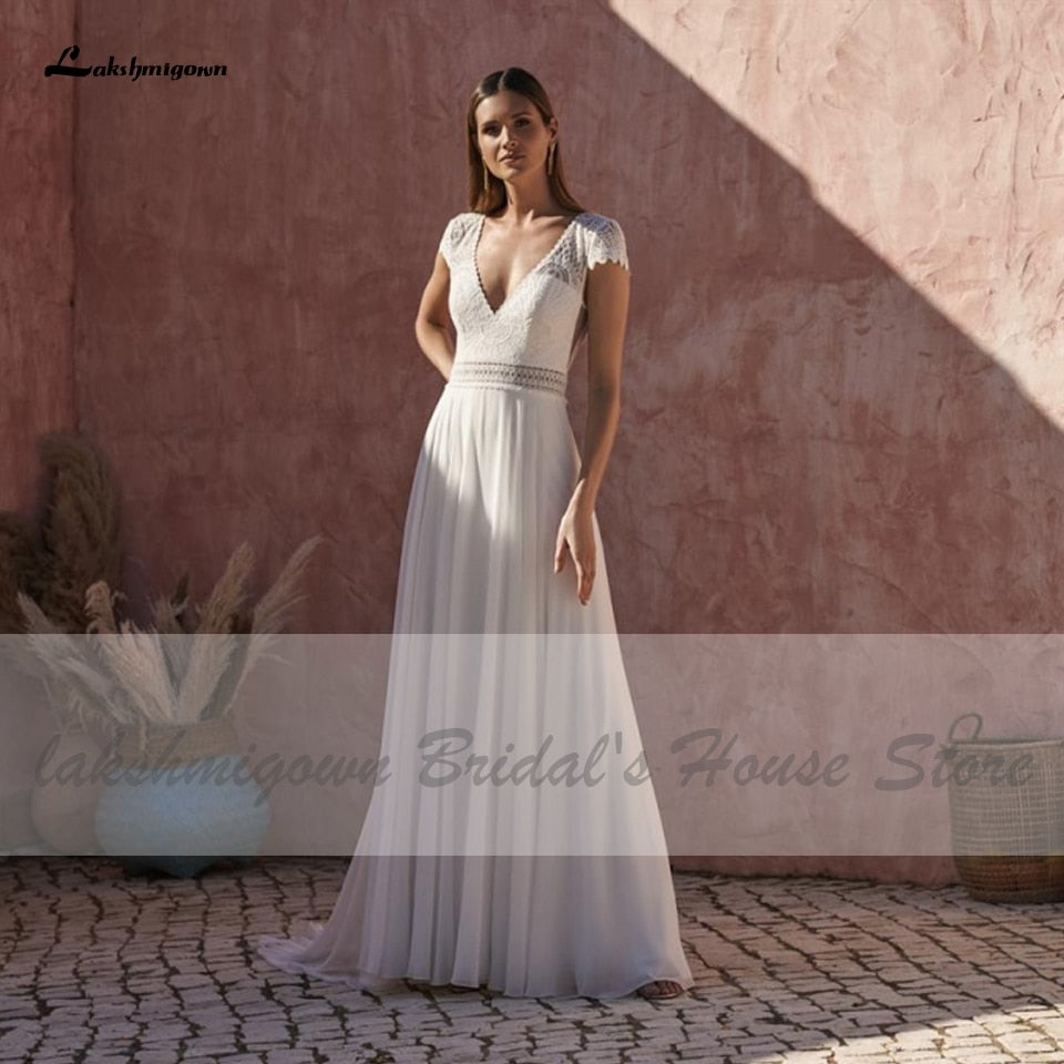 Lakshmigown A Line Puffy Chiffon Beach Wedding Dress Robe Mariage 2021  Chic Lace Top Boho Bridal Wedding Dresses Open Back - ROYCEBRIDAL OFFICIAL STORE