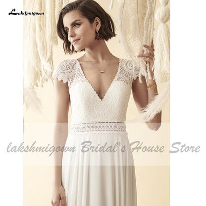 Lakshmigown A Line Puffy Chiffon Beach Wedding Dress Robe Mariage 2021  Chic Lace Top Boho Bridal Wedding Dresses Open Back - ROYCEBRIDAL OFFICIAL STORE