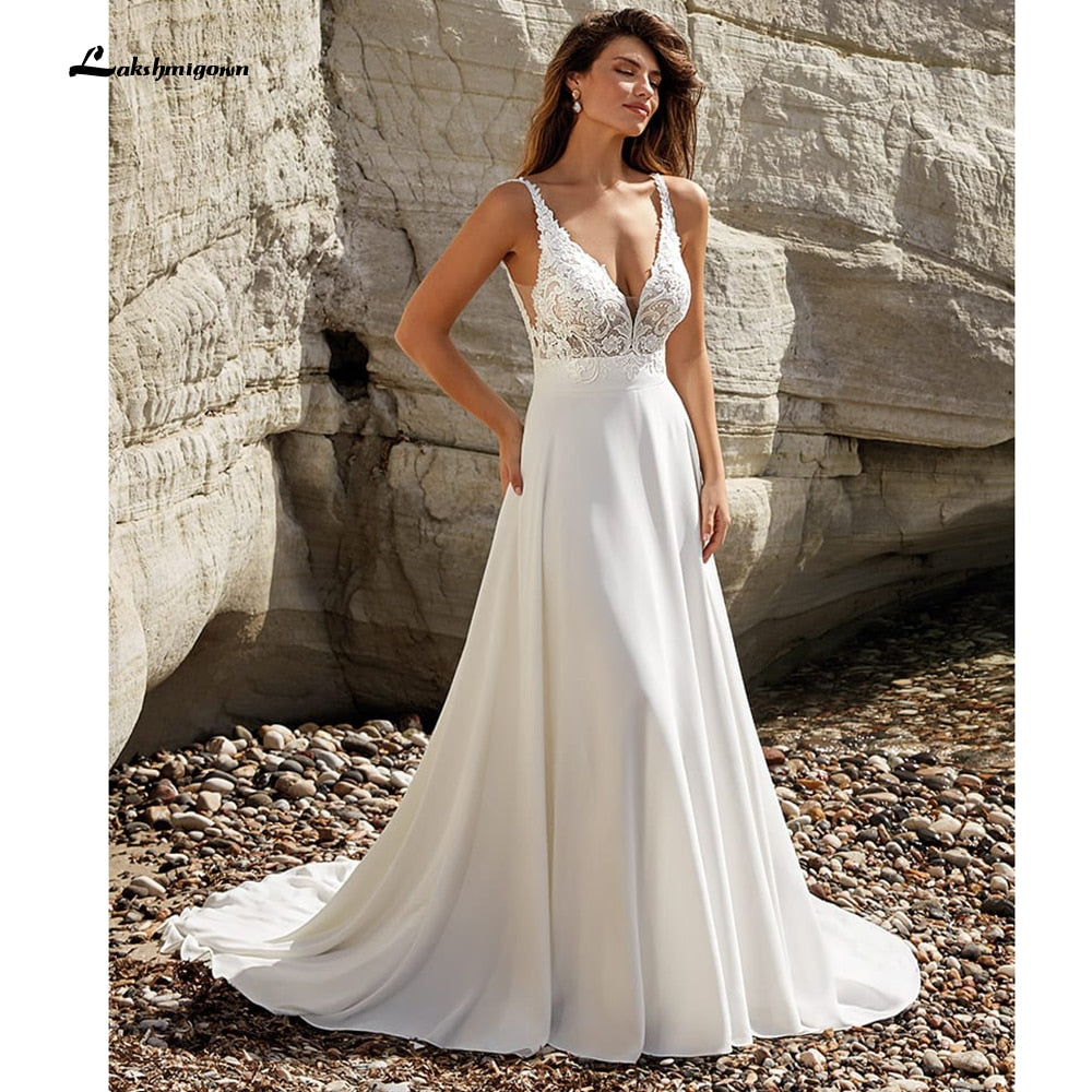 Modest V-Neck Wedding Dress 2022 Fashion lace appliques Sweep Train  A Line Bridal Gown New Arrival  Vestidos de Nova - ROYCEBRIDAL OFFICIAL STORE