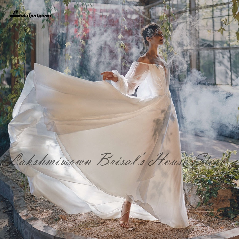 Sexy Bridal Puffy Long Sleeve Wedding Dress Off the Shoulder 2021 Vestidos de Novia Chic Boho A Line Chiffon Wedding Gowns - ROYCEBRIDAL OFFICIAL STORE