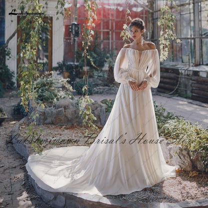 Sexy Bridal Puffy Long Sleeve Wedding Dress Off the Shoulder 2021 Vestidos de Novia Chic Boho A Line Chiffon Wedding Gowns - ROYCEBRIDAL OFFICIAL STORE