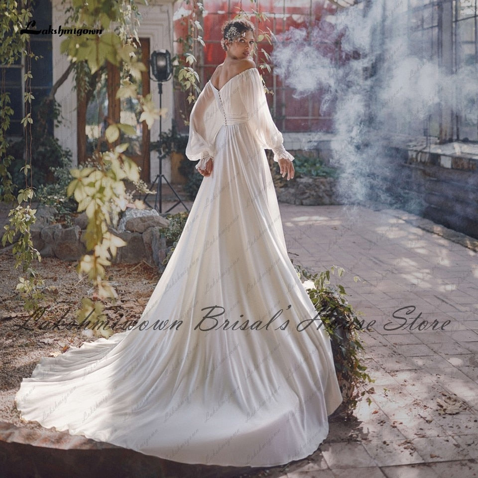 Sexy Bridal Puffy Long Sleeve Wedding Dress Off the Shoulder 2021 Vestidos de Novia Chic Boho A Line Chiffon Wedding Gowns - ROYCEBRIDAL OFFICIAL STORE