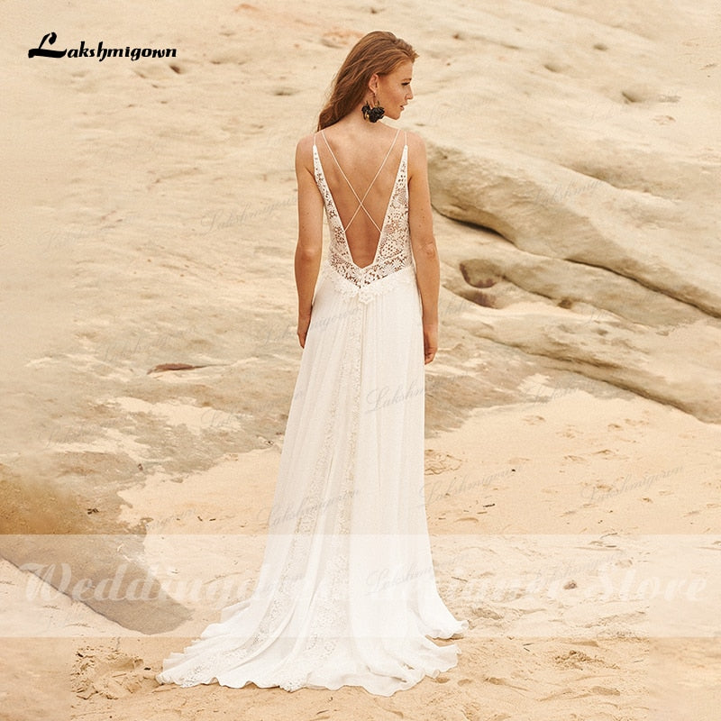 Simple Beach Chiffon Wedding Dresses 2021 V neckline vestido de novia Sexy Spaghetti Straps Boho Bridal Dress Split robe mariage - ROYCEBRIDAL OFFICIAL STORE