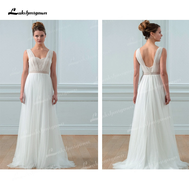 Boho Chiffon A-Line Wedding Dresses Sweetheart Neck Corset Sexy Open Back Sleeveless Pleats Sweep/Brush Train Beach Bride Gowns - ROYCEBRIDAL OFFICIAL STORE