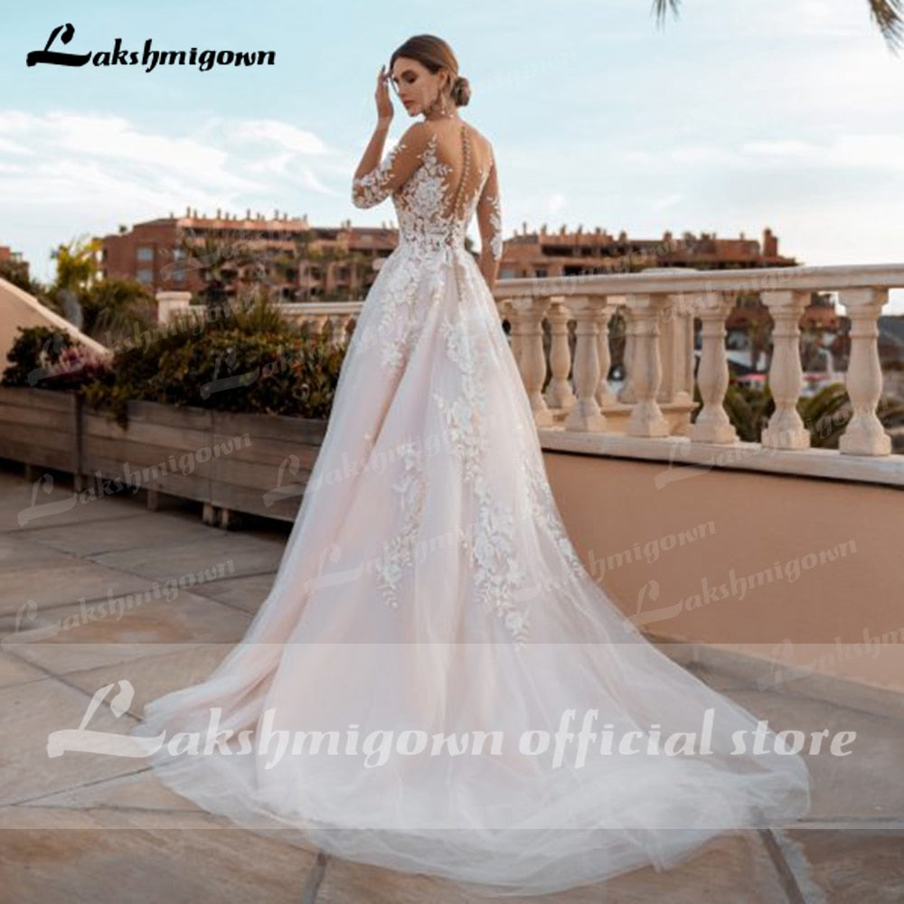 Blush Pink Wedding Dress 2022 Floral Appliques Three Quarter Scoop Neck Backless A-Line Court TrainTulle Bridal Gowns Vestido - ROYCEBRIDAL OFFICIAL STORE