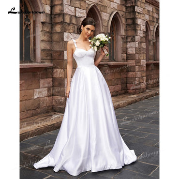 A-Line/Princess Soft Satin Wedding Dresses Low Sweetheart Neck Ruffles Straps Sleeveless Sweep/Brush Train Simple Bride Gown - ROYCEBRIDAL OFFICIAL STORE