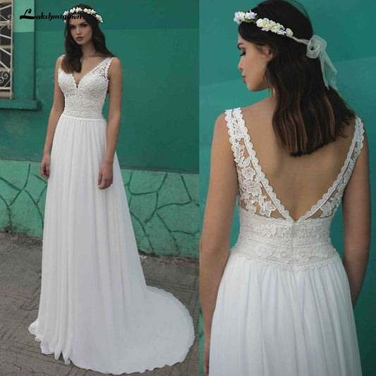 Summer Beach A-Line Wedding Dresses Boho lace V-neckline Backless Tulle Bridal Gown Abito Da Sposa Vestido De Novia - ROYCEBRIDAL OFFICIAL STORE