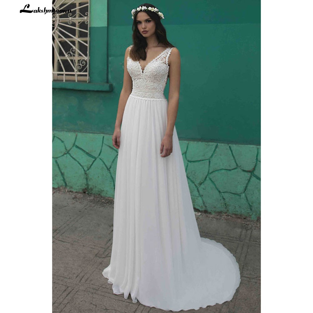 Summer Beach A-Line Wedding Dresses Boho lace V-neckline Backless Tulle Bridal Gown Abito Da Sposa Vestido De Novia - ROYCEBRIDAL OFFICIAL STORE