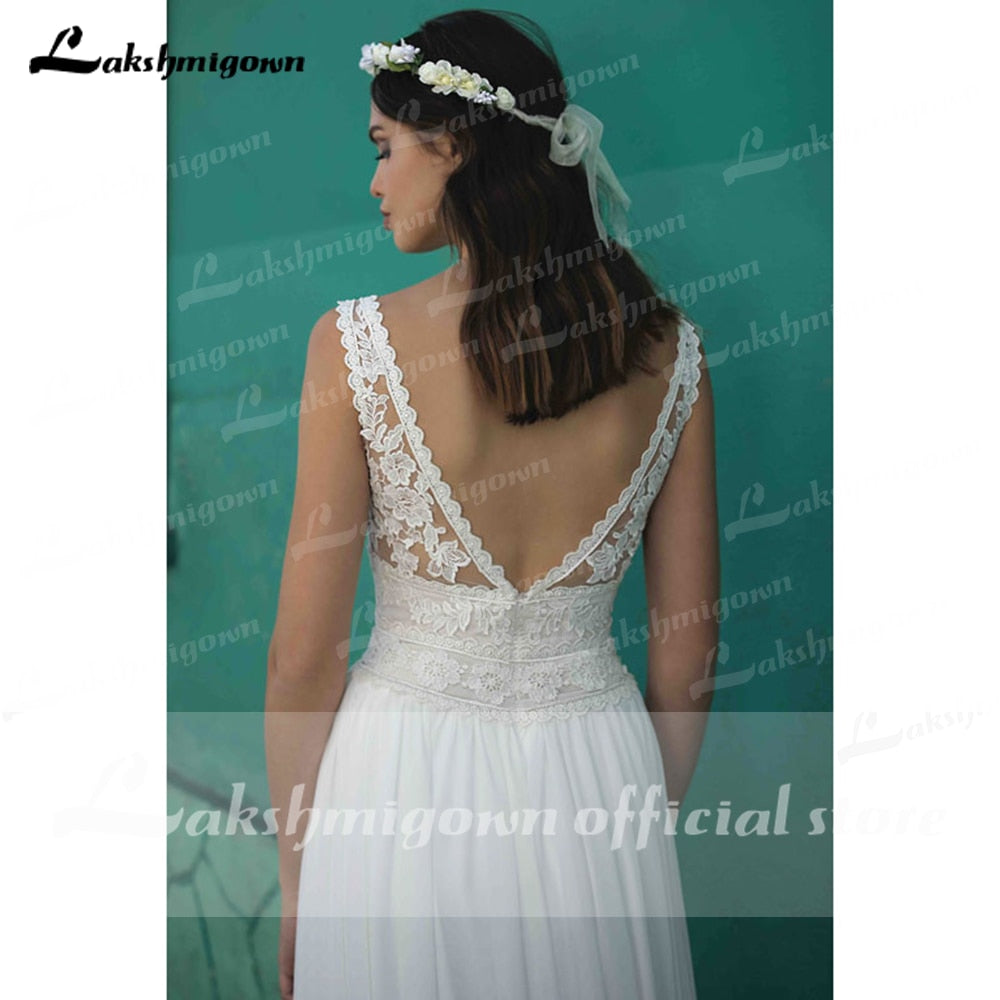 Summer Beach A-Line Wedding Dresses Boho lace V-neckline Backless Tulle Bridal Gown Abito Da Sposa Vestido De Novia - ROYCEBRIDAL OFFICIAL STORE