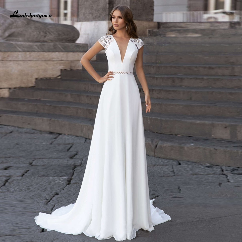 Abiti Donna Modest Bridal A Line Wedding Dress Summer 2021 Simple V-neck Backless Beach Wedding Dresses Long Train Lakshmigown - ROYCEBRIDAL OFFICIAL STORE