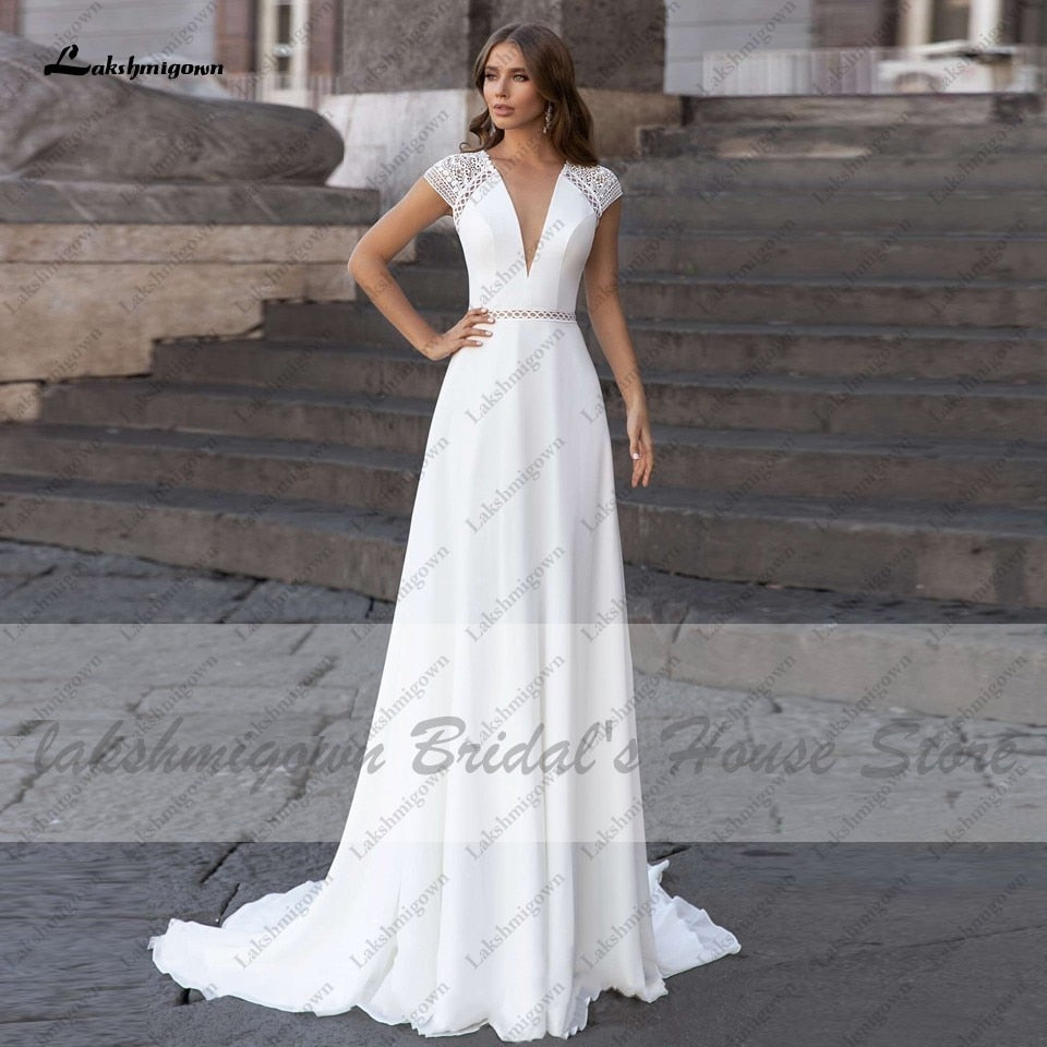 Abiti Donna Modest Bridal A Line Wedding Dress Summer 2021 Simple V-neck Backless Beach Wedding Dresses Long Train Lakshmigown - ROYCEBRIDAL OFFICIAL STORE