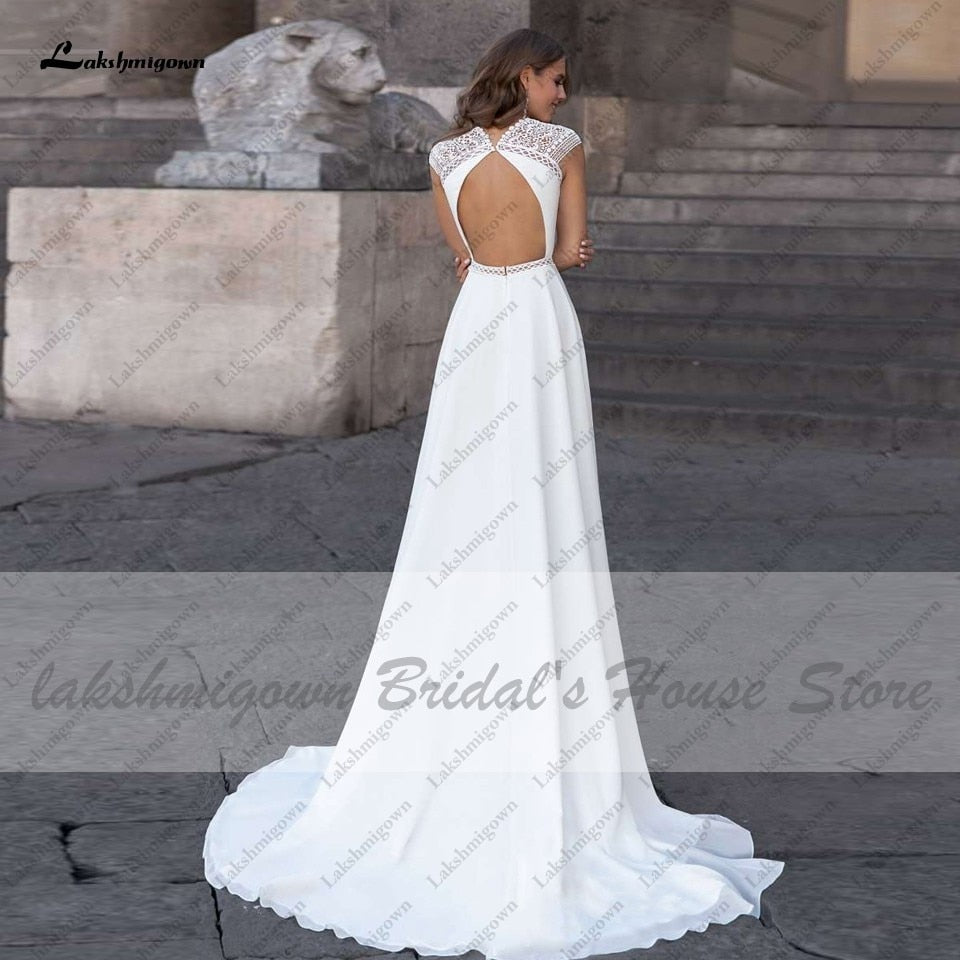 Abiti Donna Modest Bridal A Line Wedding Dress Summer 2021 Simple V-neck Backless Beach Wedding Dresses Long Train Lakshmigown - ROYCEBRIDAL OFFICIAL STORE