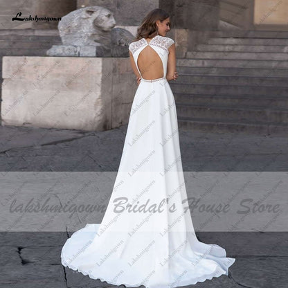 Abiti Donna Modest Bridal A Line Wedding Dress Summer 2021 Simple V-neck Backless Beach Wedding Dresses Long Train Lakshmigown - ROYCEBRIDAL OFFICIAL STORE