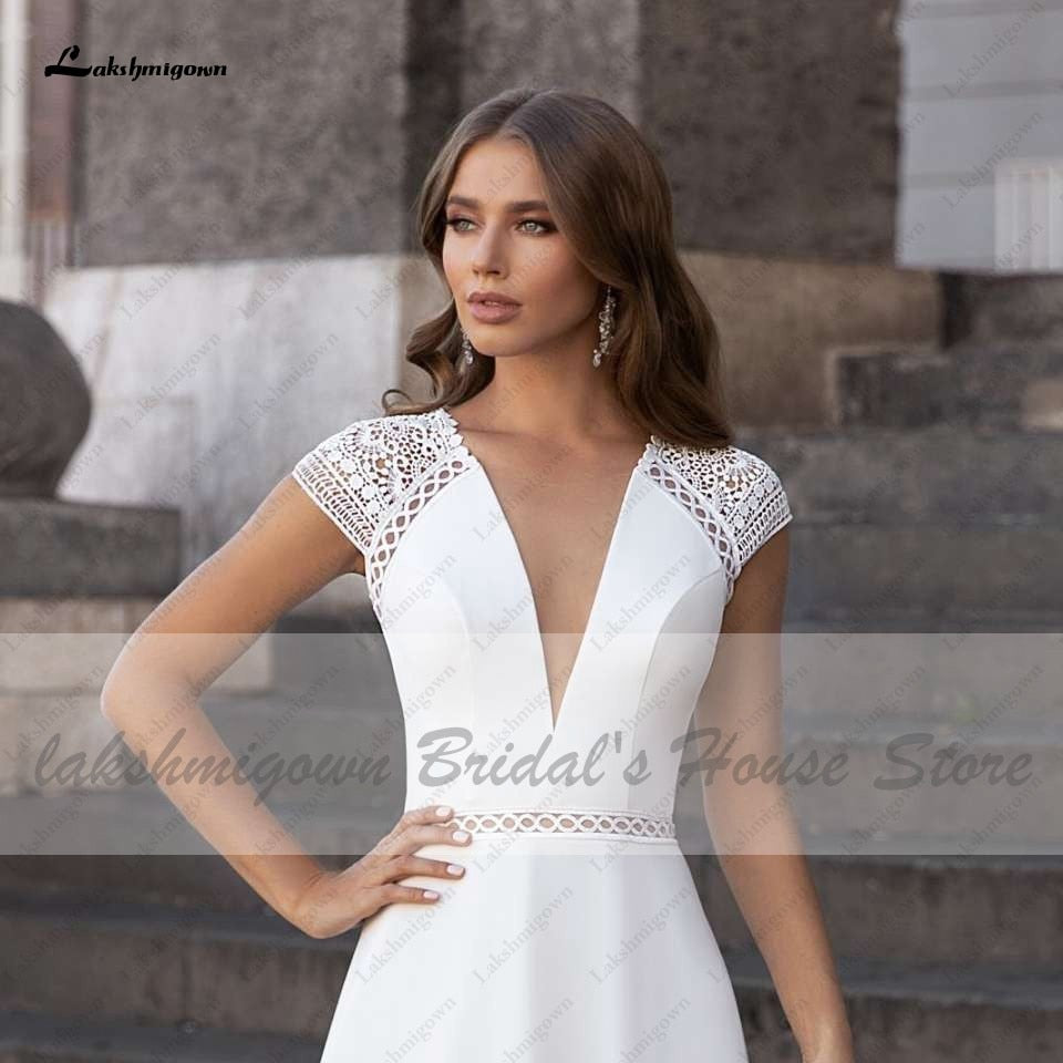 Abiti Donna Modest Bridal A Line Wedding Dress Summer 2021 Simple V-neck Backless Beach Wedding Dresses Long Train Lakshmigown - ROYCEBRIDAL OFFICIAL STORE