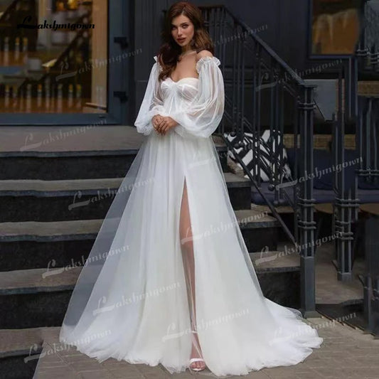 Boho A-Line Tulle Wedding Dresses Side Split With Detachable Puff Sleeves Sweetheart Neck Sweep/Brush Train Beach Bride Gowns - ROYCEBRIDAL OFFICIAL STORE