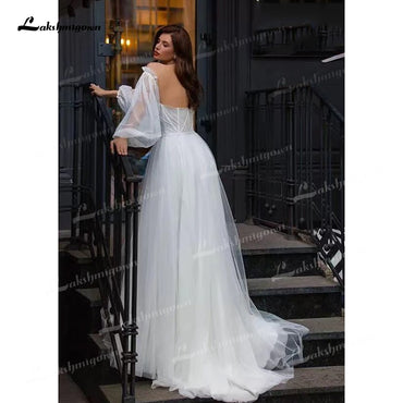 Boho A-Line Tulle Wedding Dresses Side Split With Detachable Puff Sleeves Sweetheart Neck Sweep/Brush Train Beach Bride Gowns - ROYCEBRIDAL OFFICIAL STORE