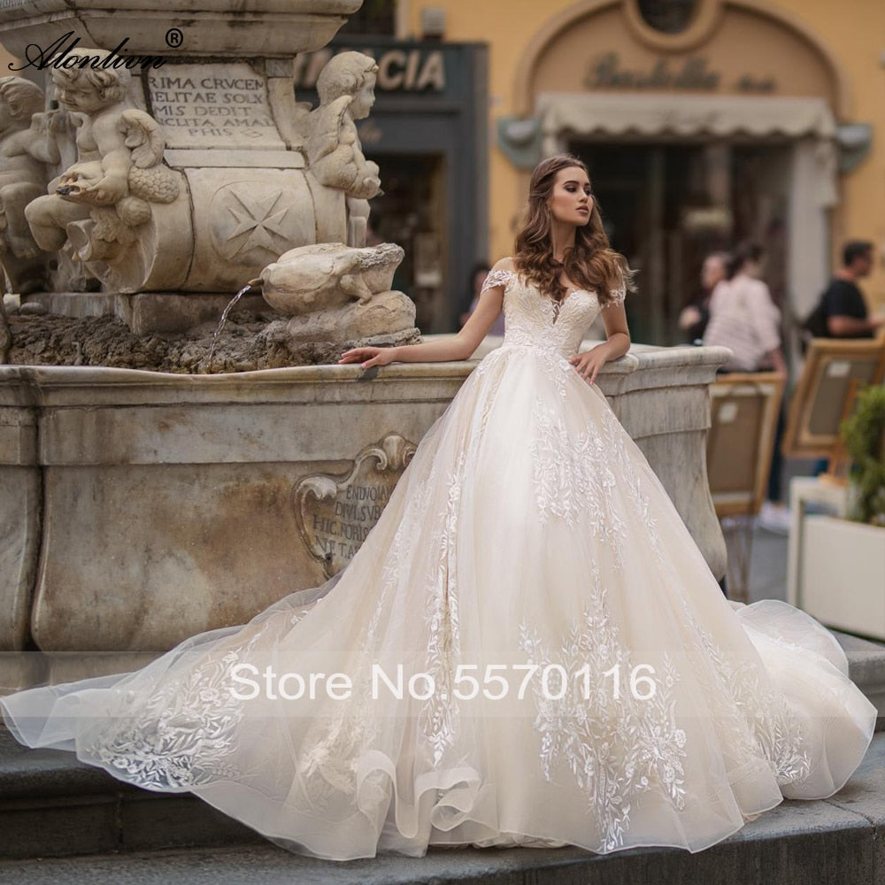 Alonlivn Beauty Lace Ball Gown Wedding Gowns Sweetheart Delicate Off Shoulder Bridal Dresses