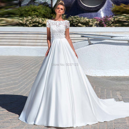 Roycebridal Luxury Satin A Line Wedding Dresses with Pockets Top Full Beads Scoop Cap Sleeves Long Pleated Bridal Gowns Vestidos Noiva