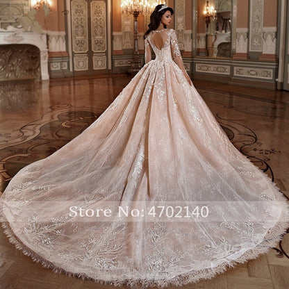 Roycebridal Vestidos de noiva manga longa princesa Lace Ball Gown Wedding Dresses Flower Appliques Beaded Chapel Train Vintage Bridal Gowns