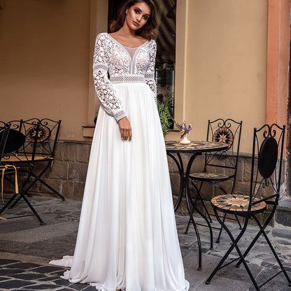 Roycebridal Bohemian Lace Long Sleeve Wedding Dresses Chiffon Sweep Train Vintage Scoop Neck Bridal Gowns Pearls Beach Bridal Gown