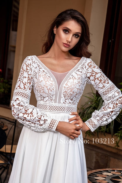 Roycebridal Bohemian Lace Long Sleeve Wedding Dresses Chiffon Sweep Train Vintage Scoop Neck Bridal Gowns Pearls Beach Bridal Gown