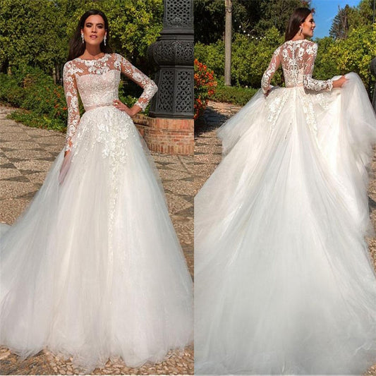 Roycebridal Long Sleeves A-Line Wedding Dresses Bridal Gowns Tulle With Ribbon Custom Made Spring Lace Appliques Top